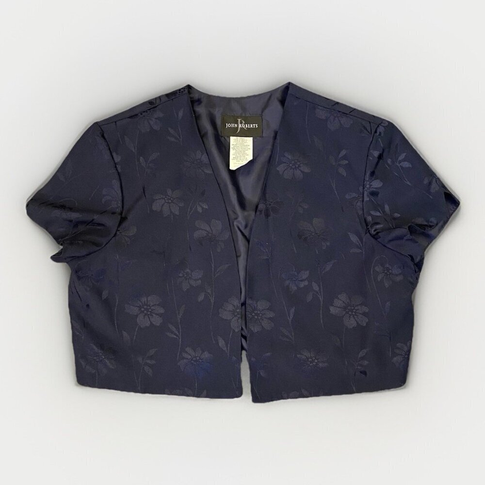 John Roberts Women's Suit Jacket Size 14 Navy Floral Short Sleeve Open Front EUC